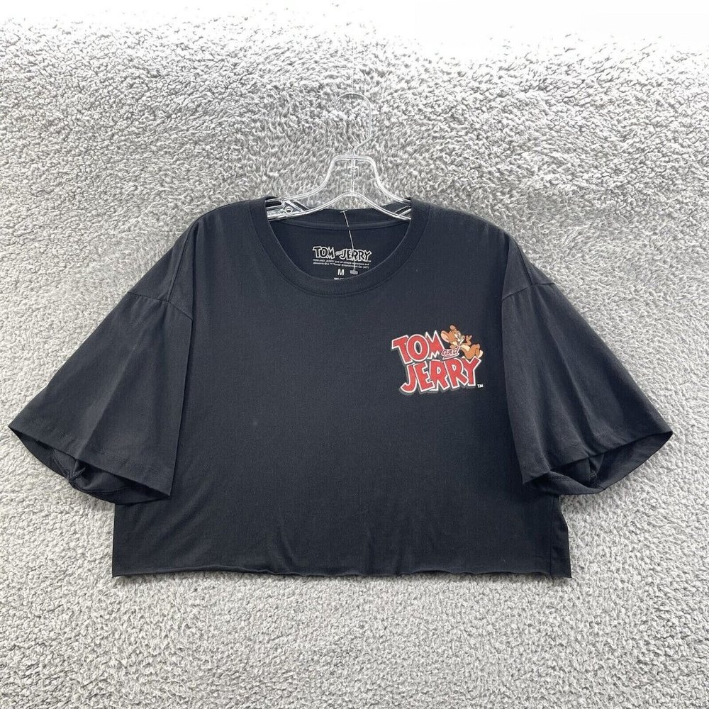 Tom & Jerry Graphic Top Juniors Medium Black Graphic Cropped T-Shirt Juniors M